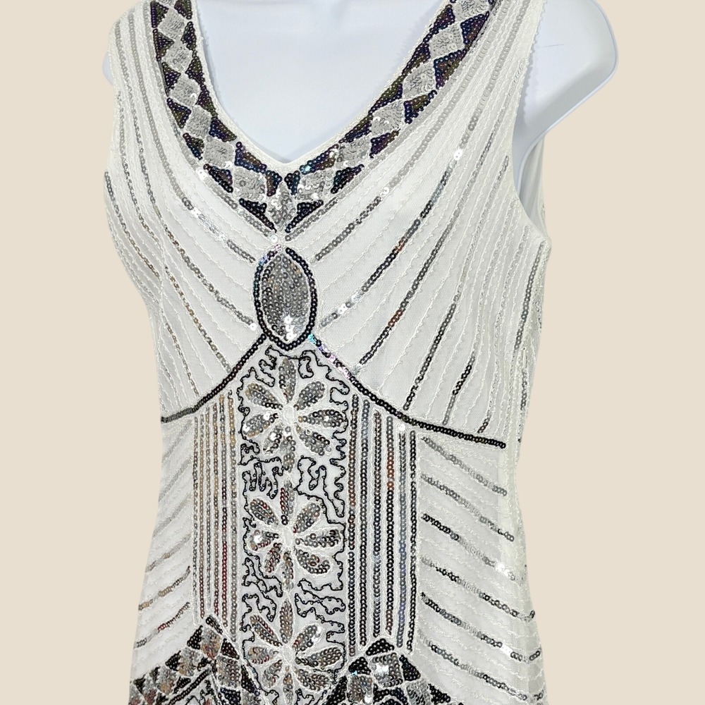 1920s Gatsby Flapper Dress Small Sequin Beaded Fringe Capelet Headpiece Jazz Age - Picture 4 of 14